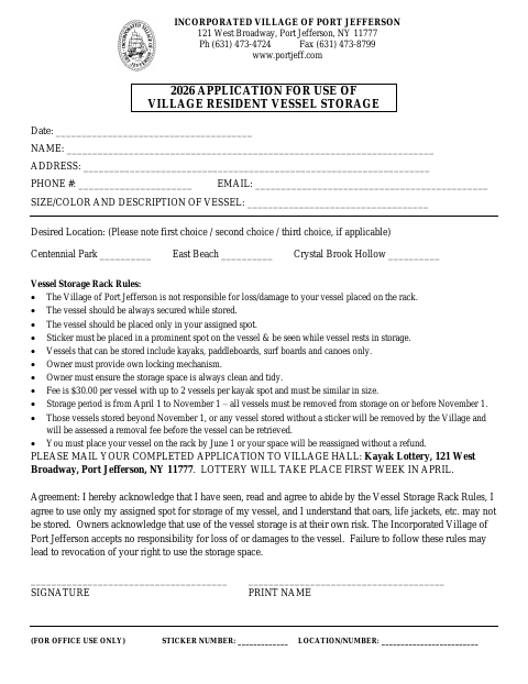First page of the Application for Use of Village Resident Vessel Storage