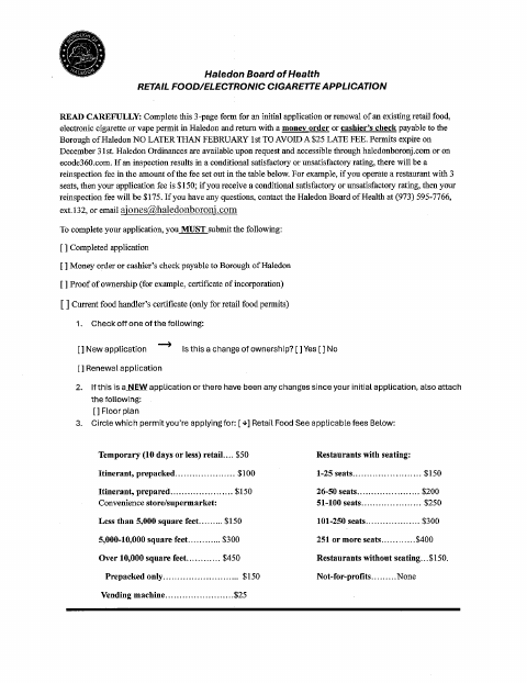 First page of the Retail Food/Electronic Cigarette Application