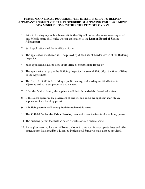 First page of the Mobile Home Placement Application