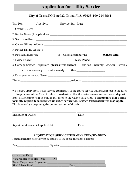 First page of the Application for Utility Service