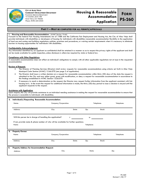 First page of the Housing & Reasonable Accommodation Application