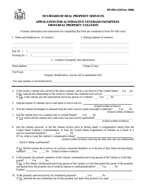 First page of the Application for Alternative Veterans Exemption from Real Property Taxation