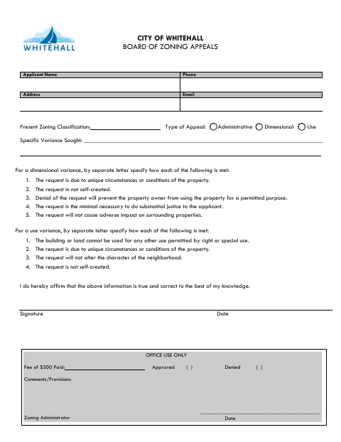 First page of the Zoning Variance Application