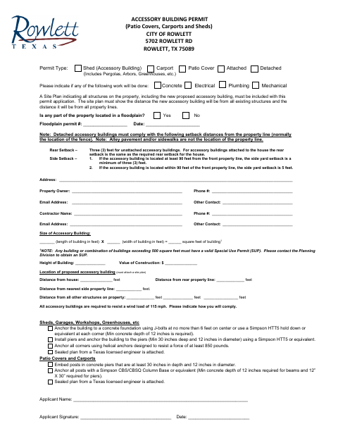 First page of the Accessory Building Permit Application