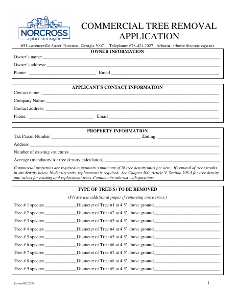 First page of the Commercial Tree Removal Application