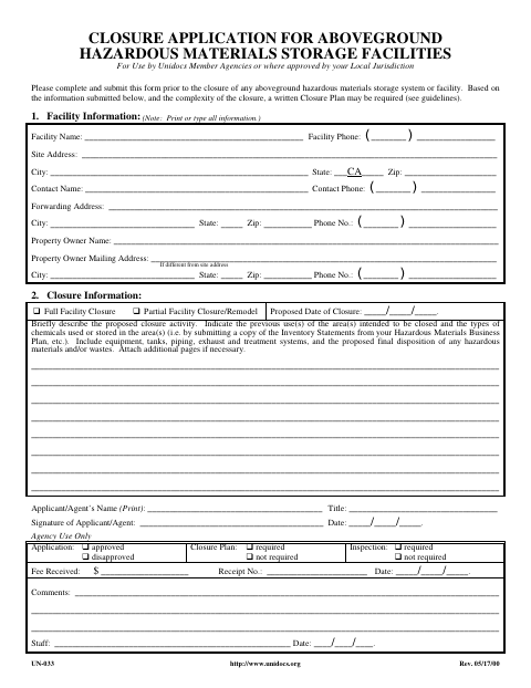 First page of the Closure Application For Aboveground Hazardous Materials Storage Facilities