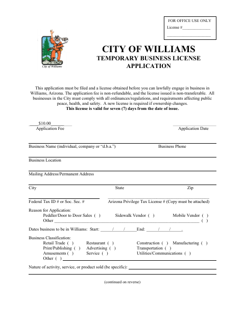 First page of the Temporary Business License Application