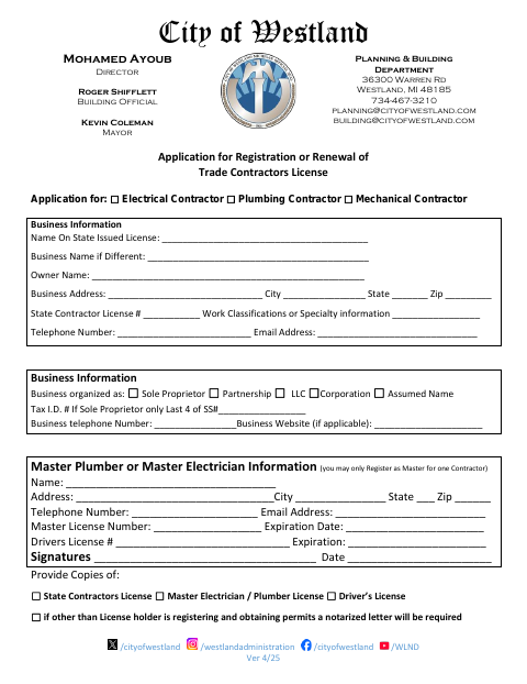 First page of the Trade Contractor Registration