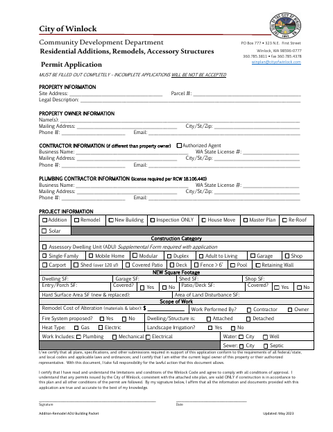 First page of the Residential Additions, Remodels, Accessory Structures Permit Application