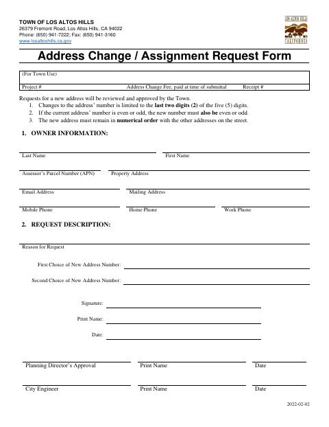 First page of the Address Change / Assignment Request Form