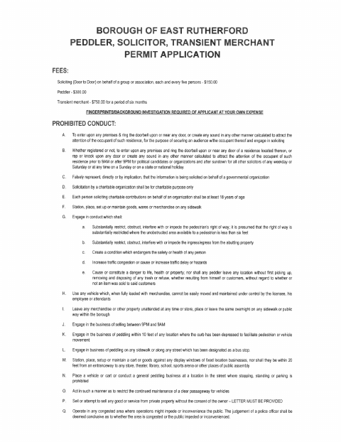 First page of the Peddler, Solicitor, Transient Merchant Permit Application