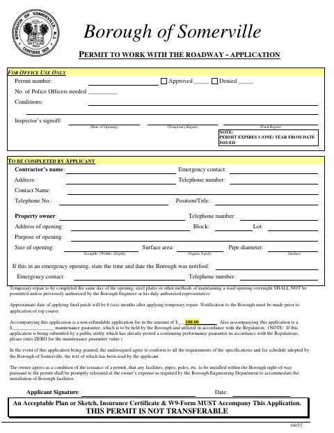 First page of the Permit to Work with the Roadway Application
