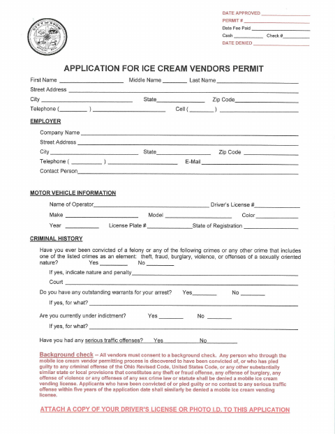 First page of the Application for Ice Cream Vendor Permit