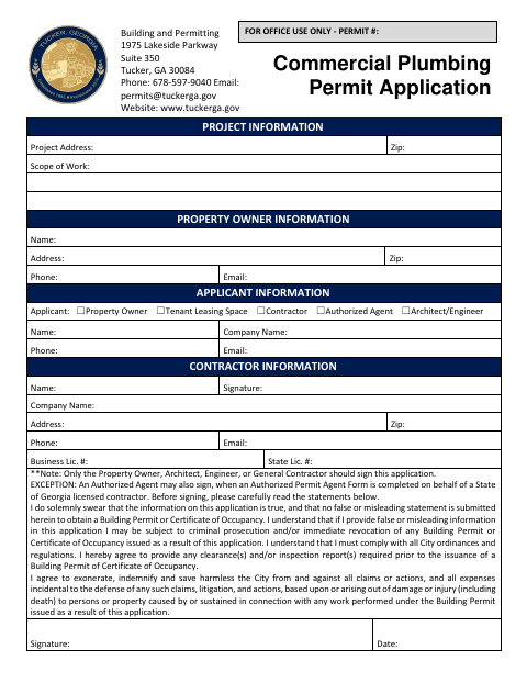 First page of the Commercial Plumbing Permit Application