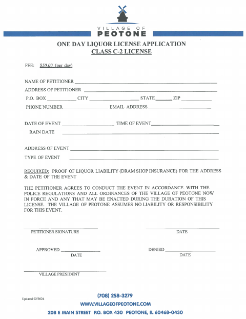First page of the One Day Liquor License Application