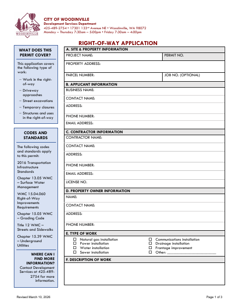 First page of the Right-of-Way Application
