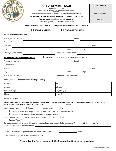 First page of the Sidewalk Vending Permit Application