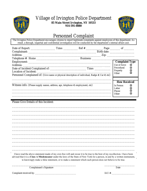 First page of the Personnel Complaint