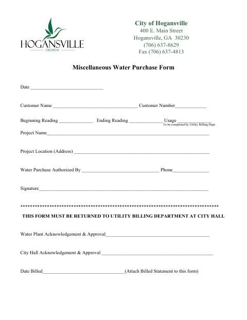 First page of the Miscellaneous Water Purchase Form