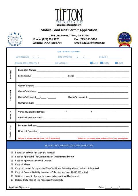 First page of the Mobile Food Unit Permit Application