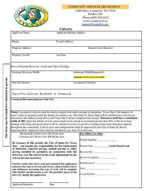 First page of the Culvert Permit Application