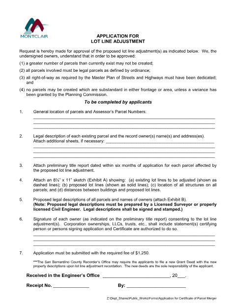 First page of the Lot Line Adjustment Application and Instructions