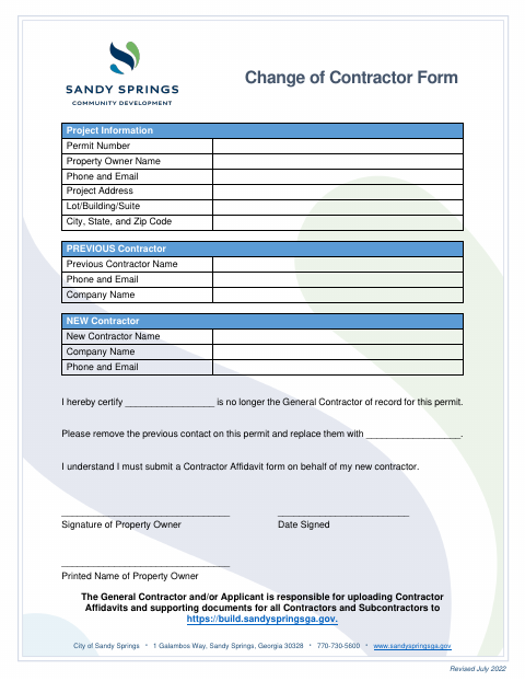 First page of the Change of Contractor Form