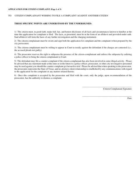 First page of the Application for Citizen Complaint
