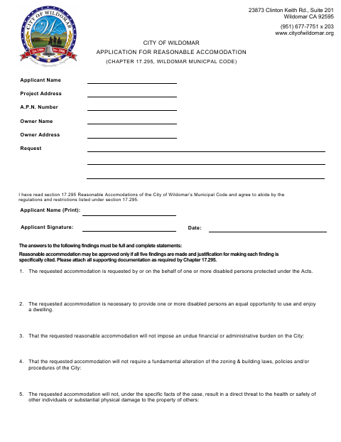 First page of the Reasonable Accommodation Application