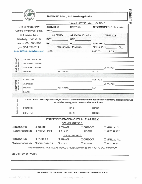 First page of the Swimming Pool/Spa Permit Application