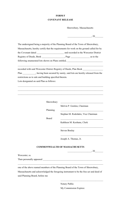 First page of the Covenant Lot Release