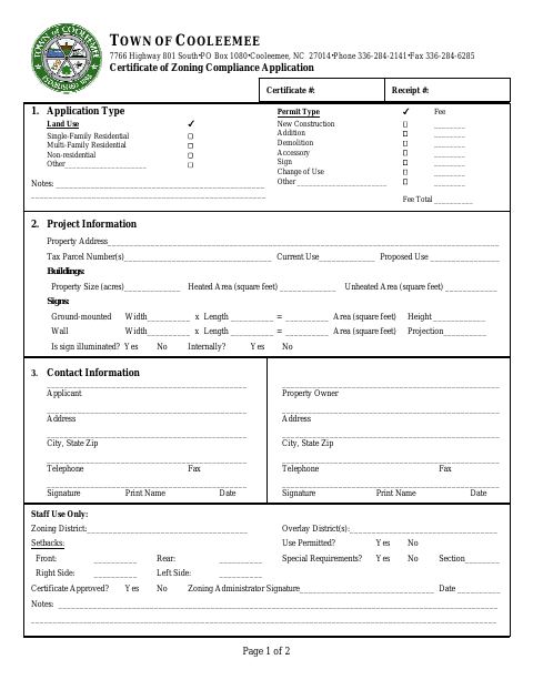 First page of the Certificate of Zoning Compliance Application