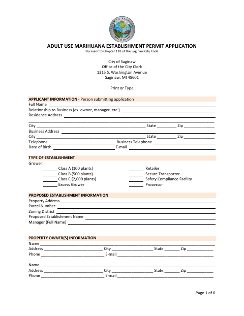 First page of the Adult Use Marihuana Establishment Permit Application