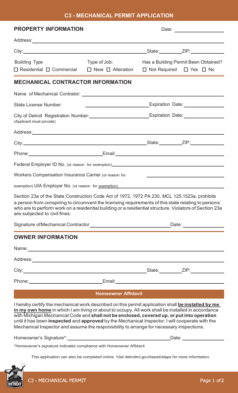 First page of the Mechanical Permit Application