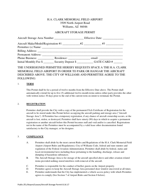 First page of the Aircraft Storage Permit