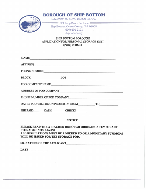 First page of the Personal Storage Unit (POD) Permit Application