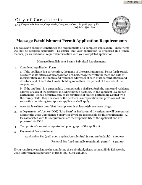 First page of the Massage Establishment Permit Application