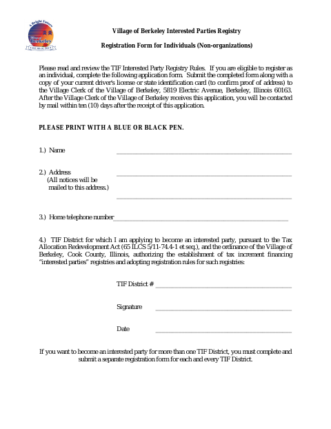 First page of the Interested Parties Registry Registration Form