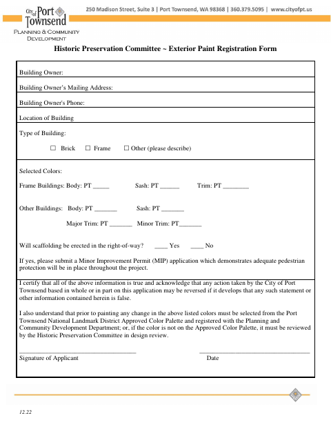 First page of the Exterior Paint Registration Form