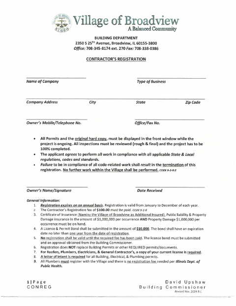 First page of the Contractor Registration Form