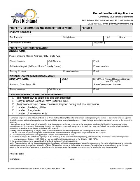 First page of the Demolition Permit Application