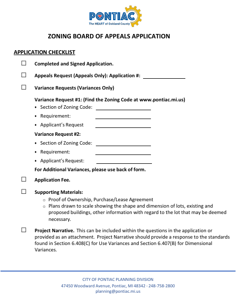 First page of the Zoning Board of Appeals Application