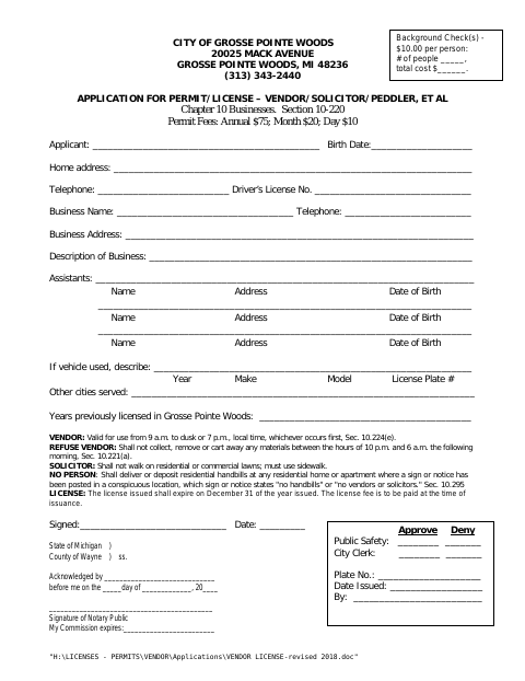 First page of the Vendor, Solicitor, or Peddler License Application