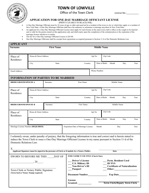 First page of the Application for One-Day Marriage Officiant License