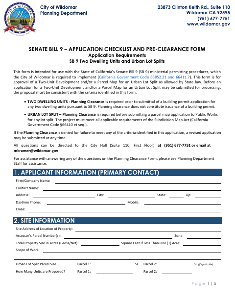 First page of the SB 9 Application Checklist and Pre-Clearance Form