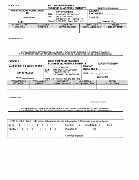First page of the Business Quarterly Estimate Tax Form