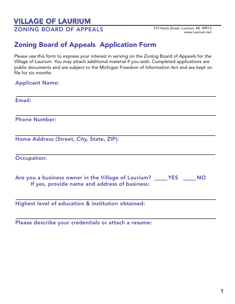First page of the Zoning Board of Appeals Member Application
