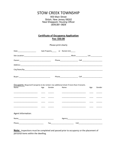 First page of the Certificate Of Occupancy Application