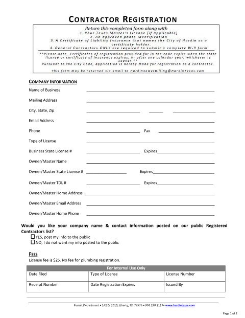 First page of the Contractor Registration Form