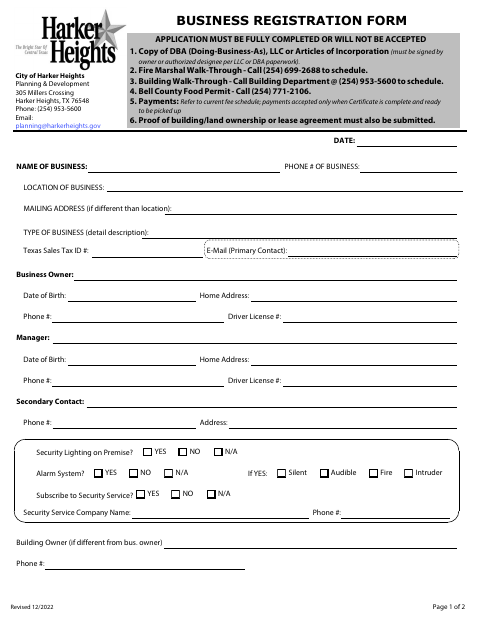 First page of the Home Occupation Application